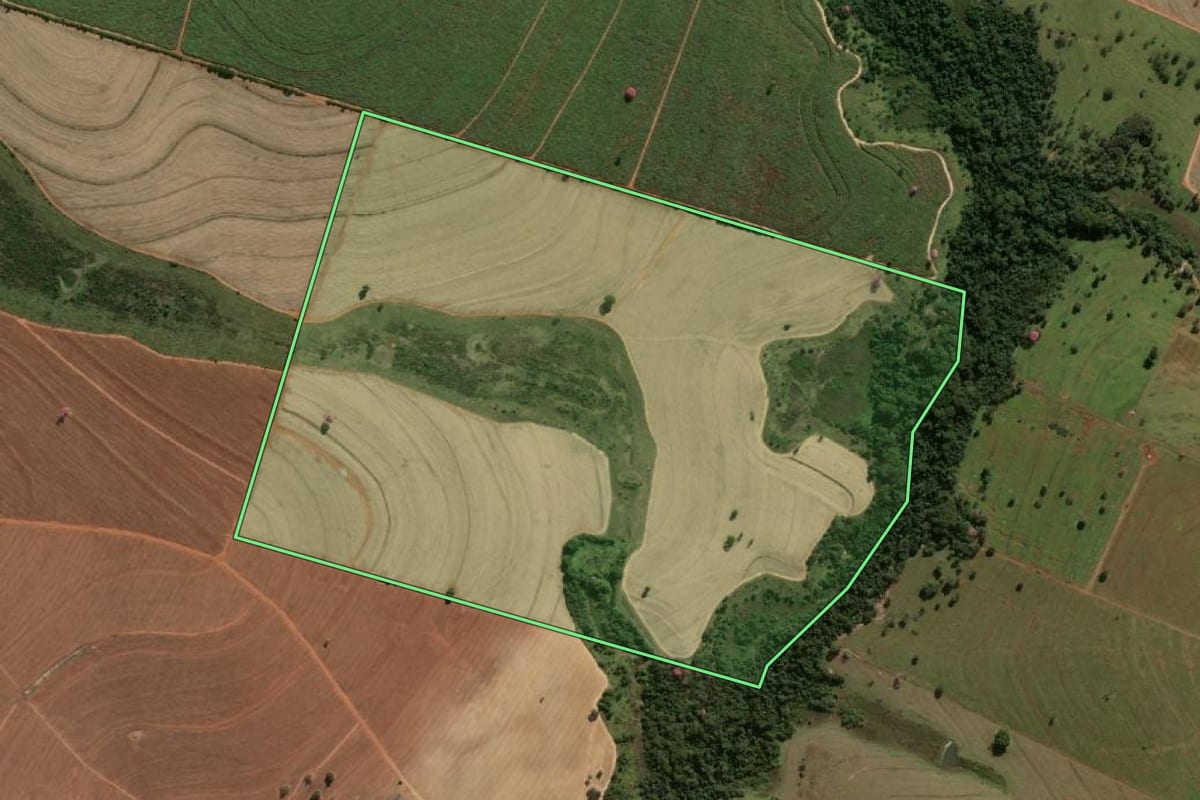 Imagem de satélite do imóvel rural em Mirandópolis (SP), com o contorno declarado no CAR desenhado por cima.