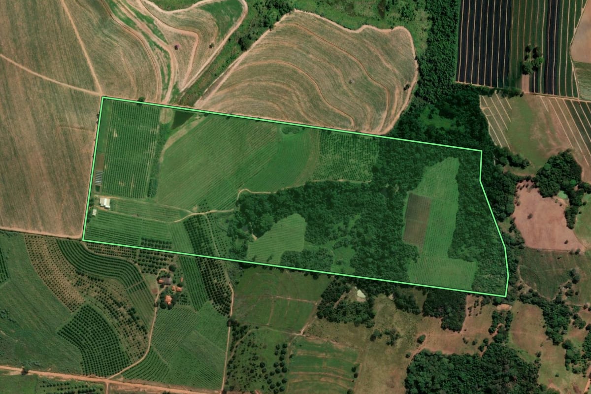 Imagem de satélite do imóvel rural em Mirandópolis (SP), com o contorno declarado no CAR desenhado por cima.