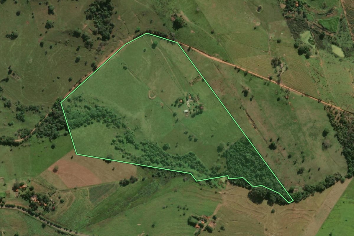 Imagem de satélite do imóvel rural em Mirandópolis (SP), com o contorno declarado no CAR desenhado por cima.