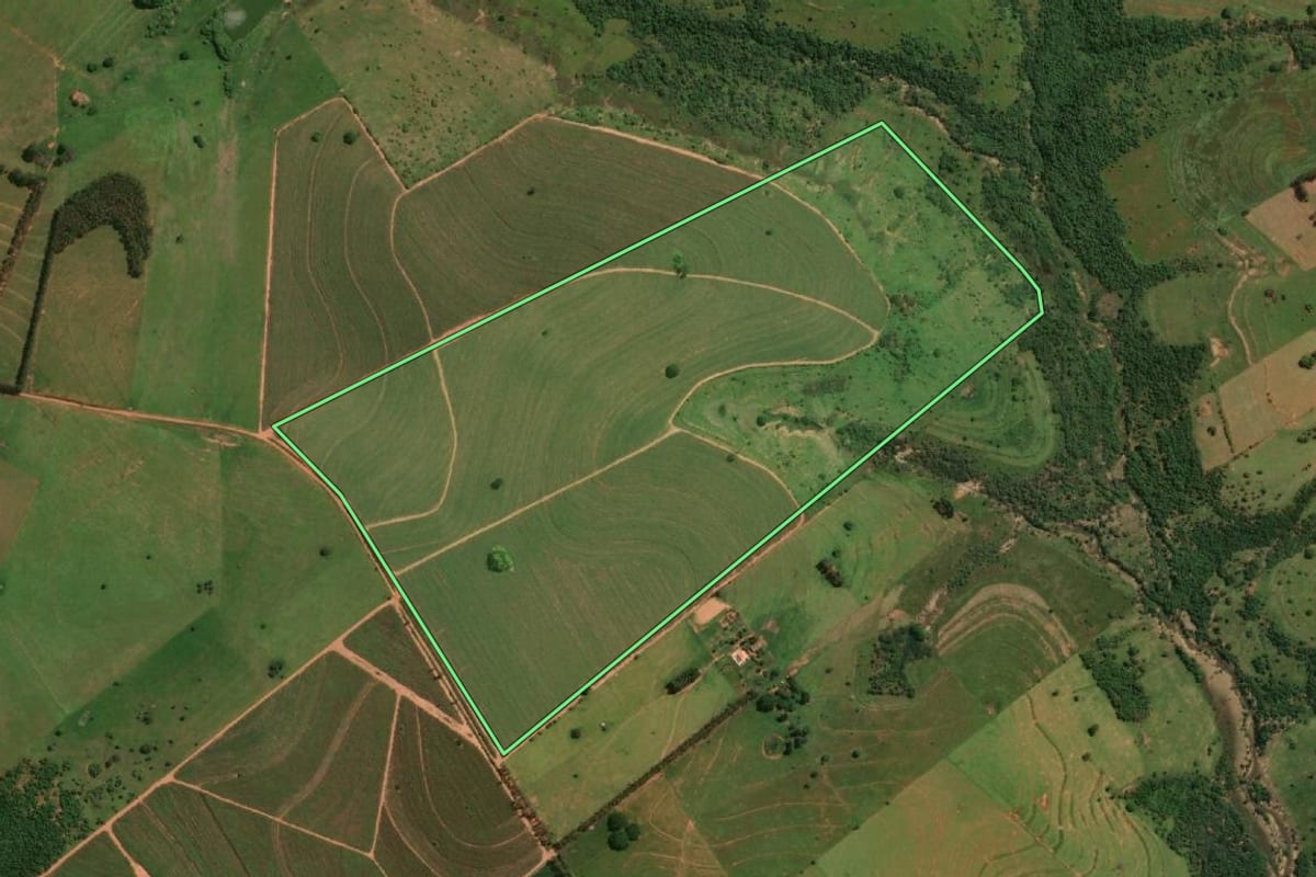 Imagem de satélite do imóvel rural em Mirante do Paranapanema (SP), com o contorno declarado no CAR desenhado por cima.