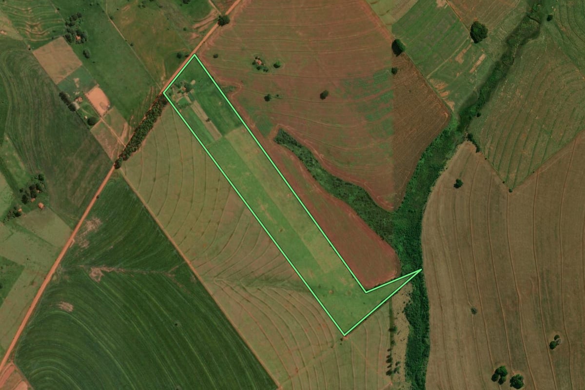 Imagem de satélite do imóvel rural em Mirante do Paranapanema (SP), com o contorno declarado no CAR desenhado por cima.