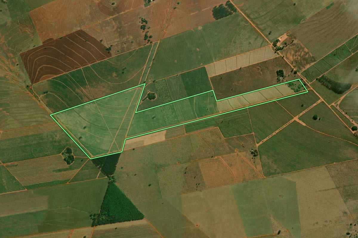 Imagem de satélite do imóvel rural em Mirante do Paranapanema (SP), com o contorno declarado no CAR desenhado por cima.