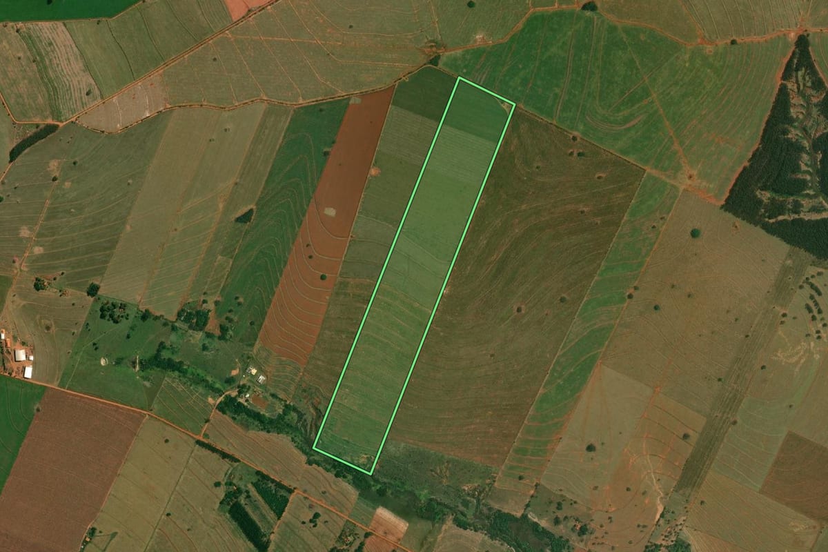 Imagem de satélite do imóvel rural em Mirante do Paranapanema (SP), com o contorno declarado no CAR desenhado por cima.