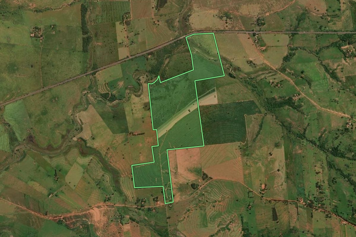 Imagem de satélite do imóvel rural em Mirante do Paranapanema (SP), com o contorno declarado no CAR desenhado por cima.