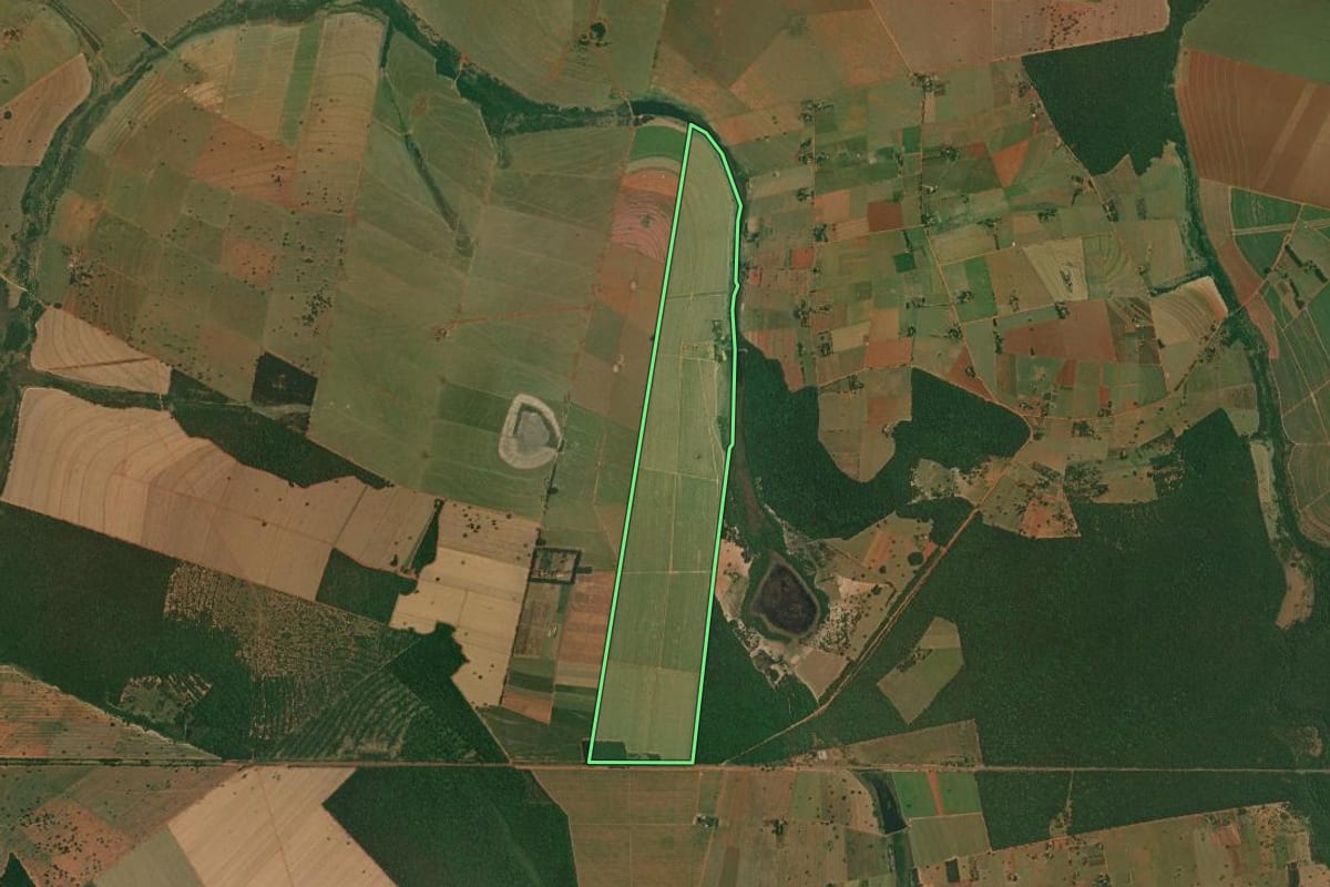 Imagem de satélite do imóvel rural em Mirante do Paranapanema (SP), com o contorno declarado no CAR desenhado por cima.