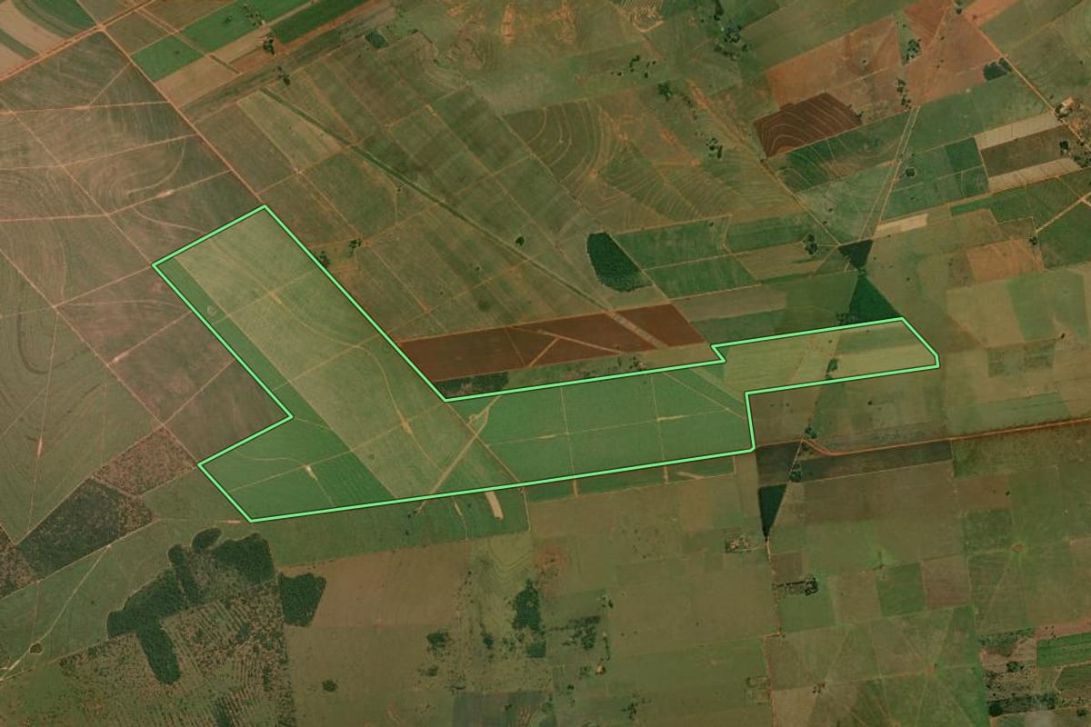 Imagem de satélite do imóvel rural em Mirante do Paranapanema (SP), com o contorno declarado no CAR desenhado por cima.