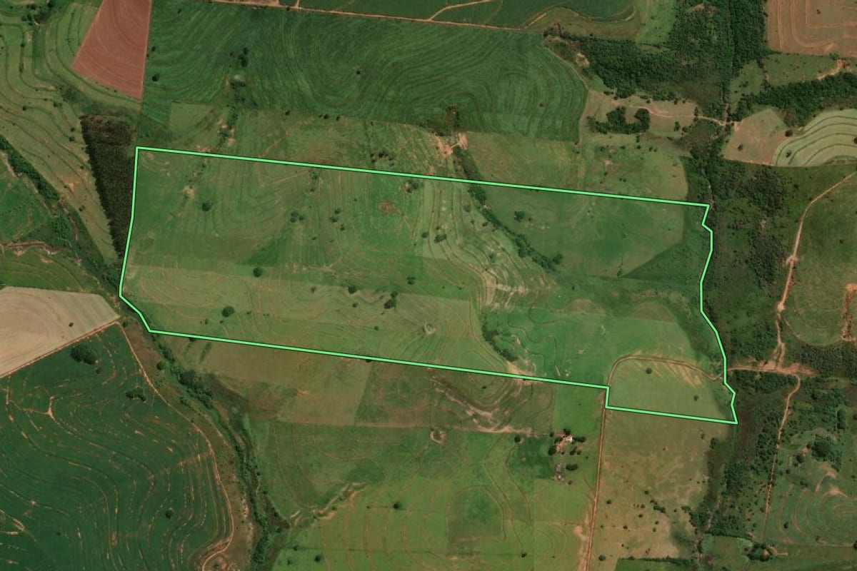 Imagem de satélite do imóvel rural em Mirante do Paranapanema (SP), com o contorno declarado no CAR desenhado por cima.