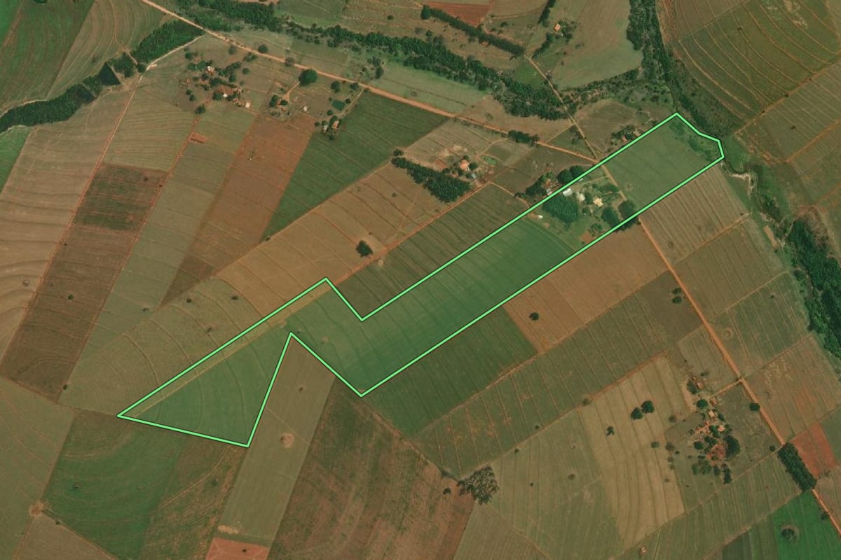 Imagem de satélite do imóvel rural em Mirante do Paranapanema (SP), com o contorno declarado no CAR desenhado por cima.
