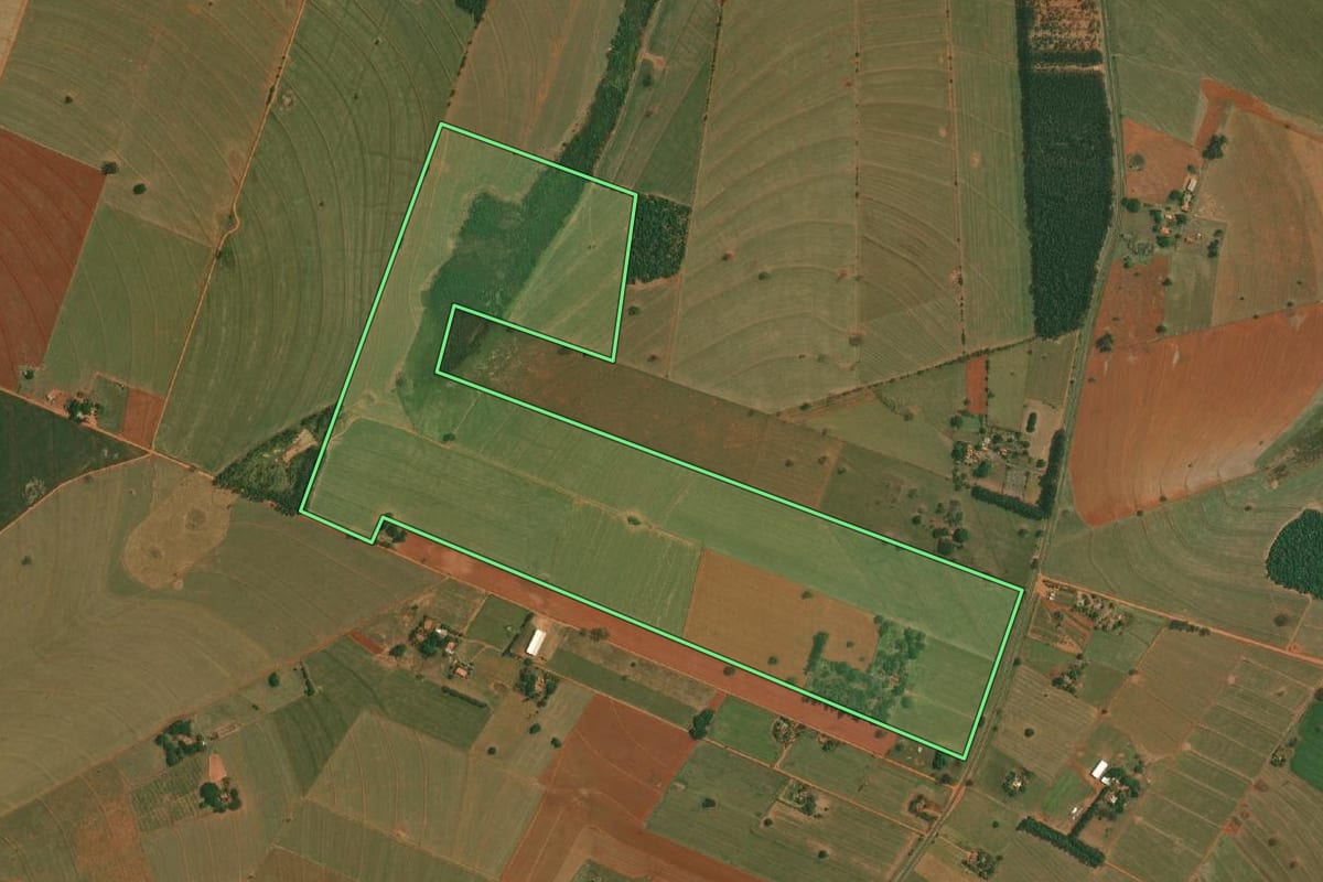 Imagem de satélite do imóvel rural em Mirante do Paranapanema (SP), com o contorno declarado no CAR desenhado por cima.