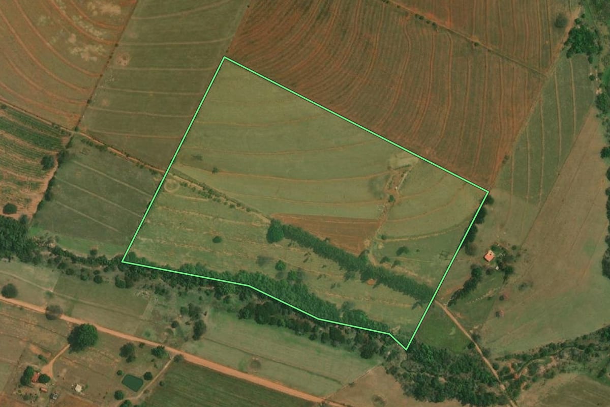 Imagem de satélite do imóvel rural em Mirante do Paranapanema (SP), com o contorno declarado no CAR desenhado por cima.