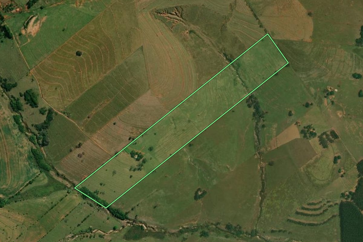 Imagem de satélite do imóvel rural em Mirante do Paranapanema (SP), com o contorno declarado no CAR desenhado por cima.