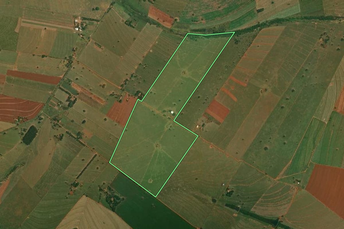 Imagem de satélite do imóvel rural em Mirante do Paranapanema (SP), com o contorno declarado no CAR desenhado por cima.