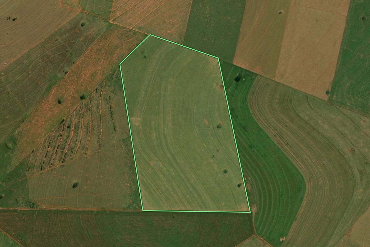 Imagem de satélite do imóvel rural em Mirante do Paranapanema (SP), com o contorno declarado no CAR desenhado por cima.