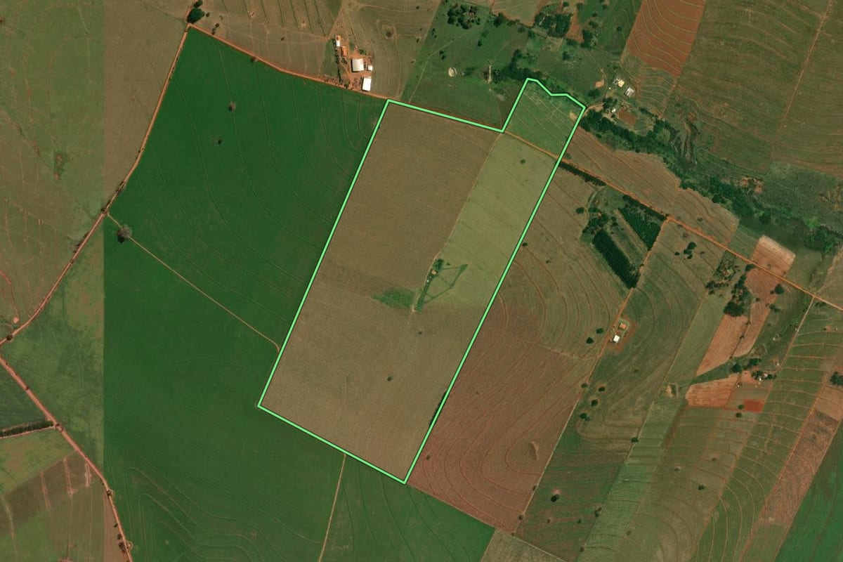 Imagem de satélite do imóvel rural em Mirante do Paranapanema (SP), com o contorno declarado no CAR desenhado por cima.