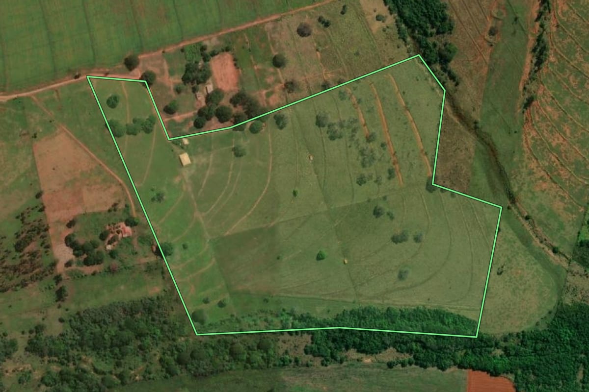 Imagem de satélite do imóvel rural em Mirante do Paranapanema (SP), com o contorno declarado no CAR desenhado por cima.