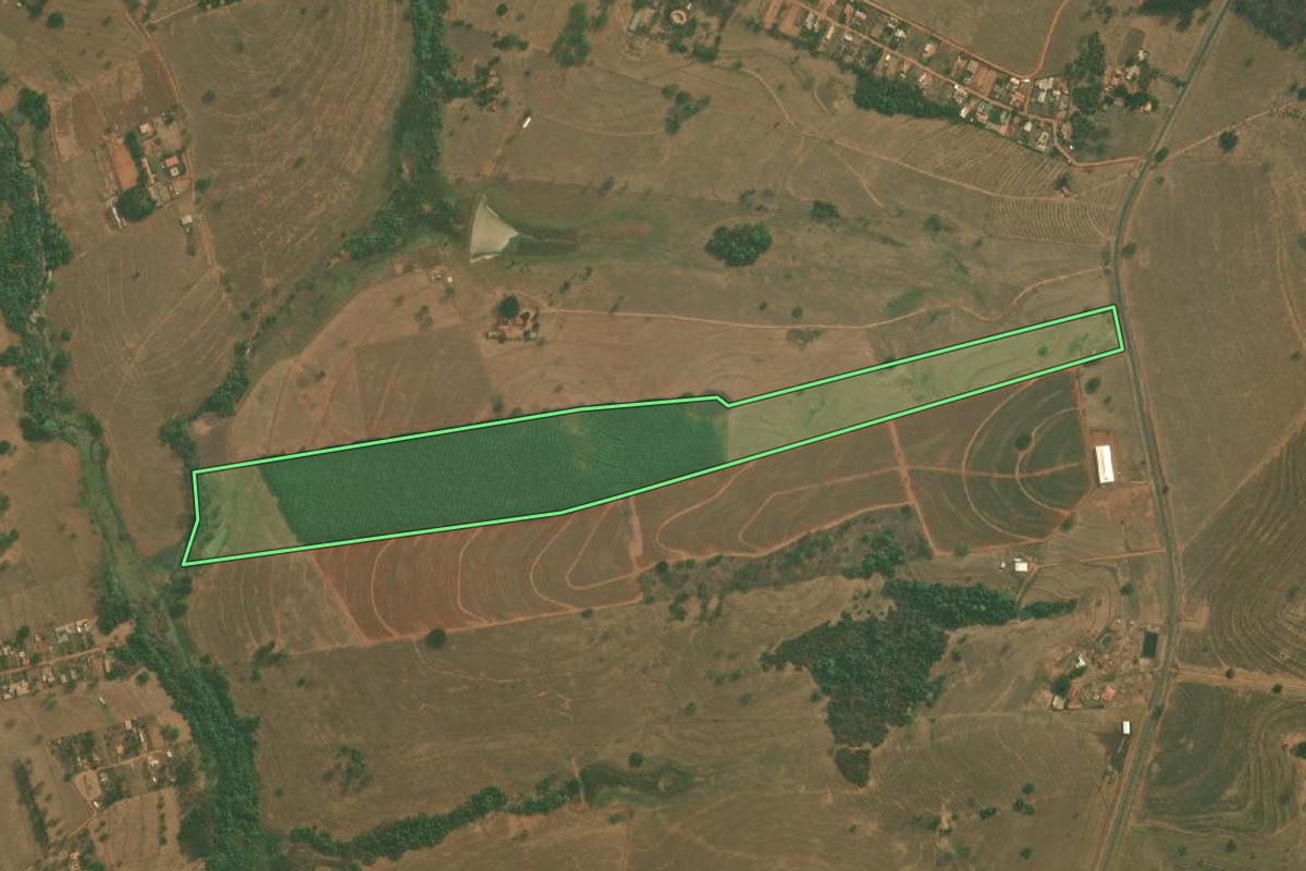 Imagem de satélite do imóvel rural em Mirassol (SP), com o contorno declarado no CAR desenhado por cima.