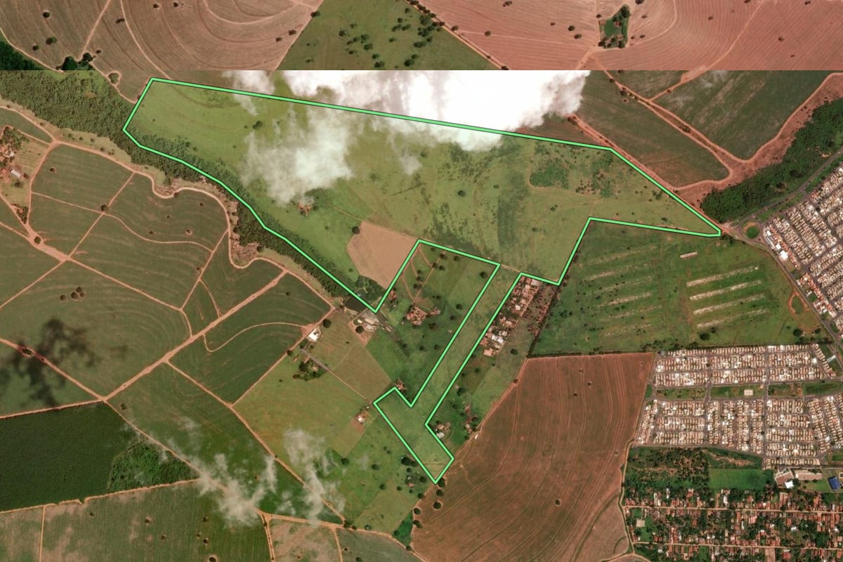 Imagem de satélite do imóvel rural em Mirassol (SP), com o contorno declarado no CAR desenhado por cima.