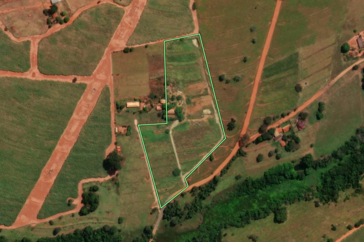 Imagem de satélite do imóvel rural em Mirassol (SP), com o contorno declarado no CAR desenhado por cima.