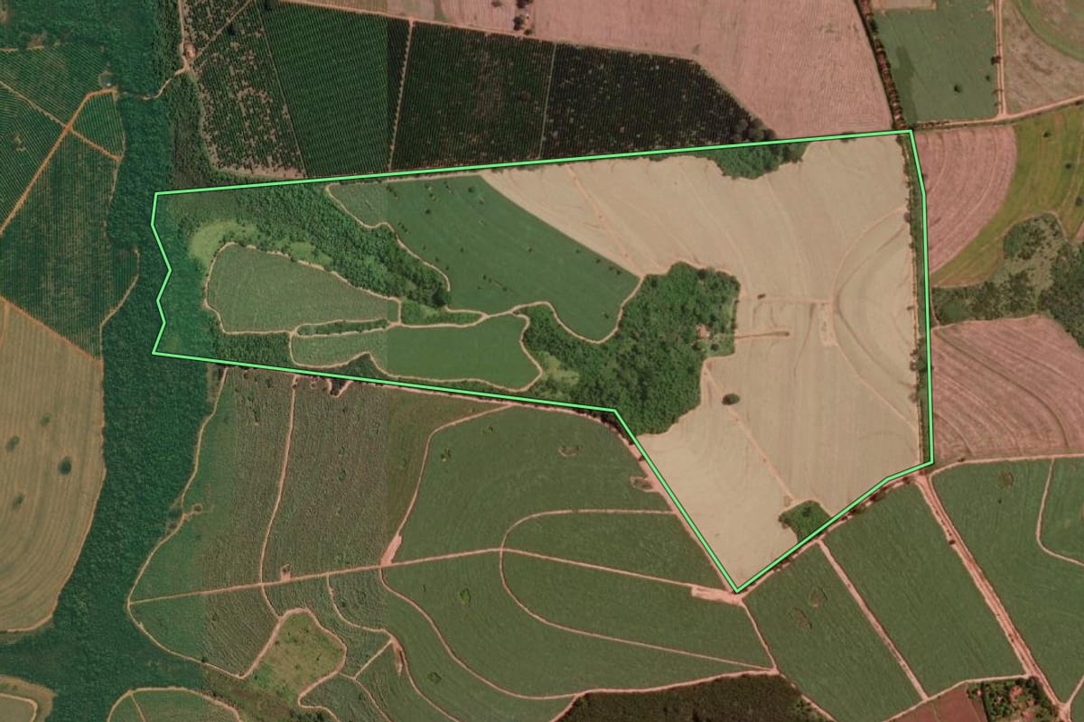 Imagem de satélite do imóvel rural em Mirassol (SP), com o contorno declarado no CAR desenhado por cima.
