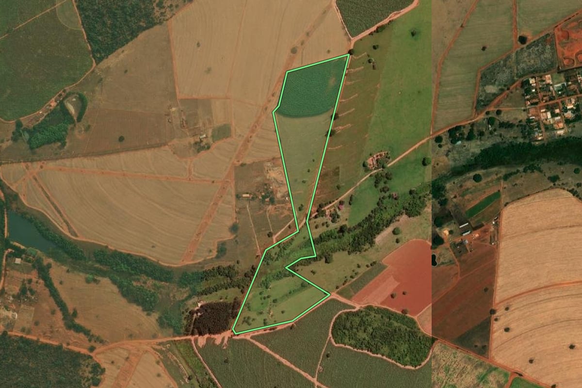 Imagem de satélite do imóvel rural em Mirassol (SP), com o contorno declarado no CAR desenhado por cima.