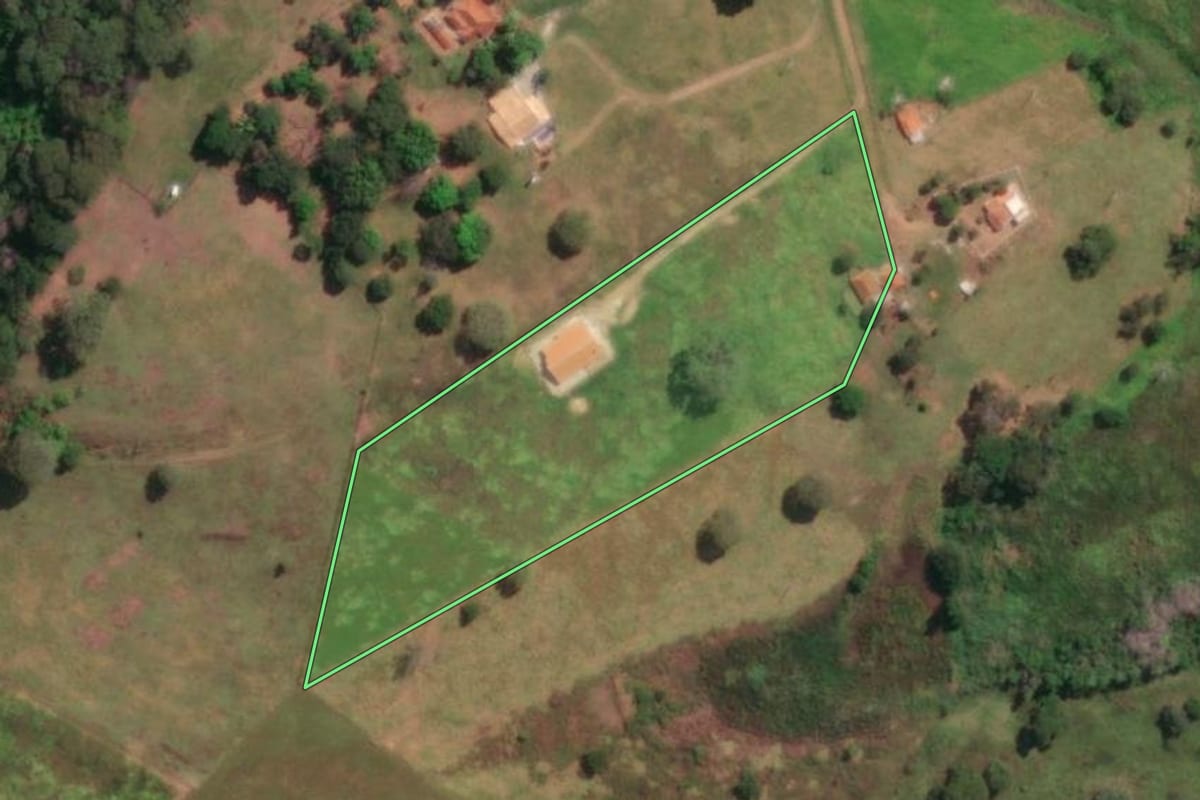 Imagem de satélite do imóvel rural em Mirassol (SP), com o contorno declarado no CAR desenhado por cima.