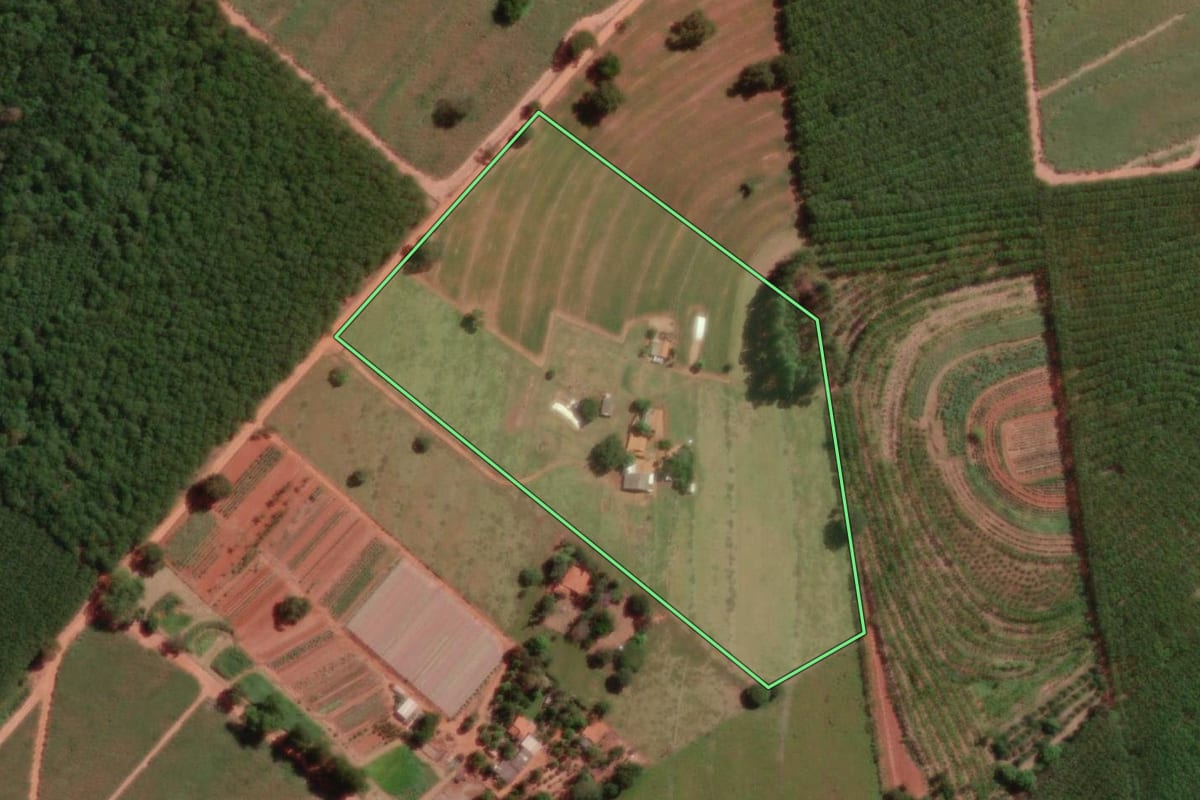 Imagem de satélite do imóvel rural em Mirassol (SP), com o contorno declarado no CAR desenhado por cima.