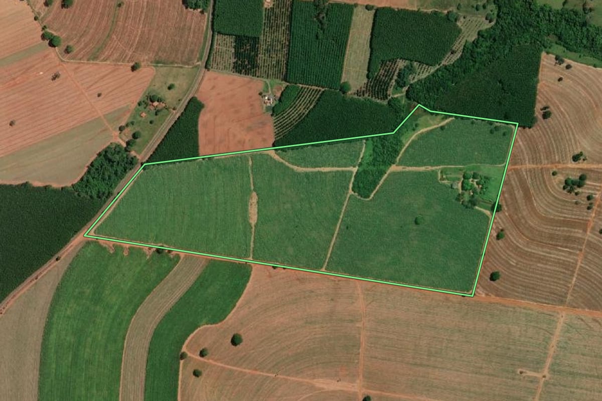 Imagem de satélite do imóvel rural em Mirassolândia (SP), com o contorno declarado no CAR desenhado por cima.