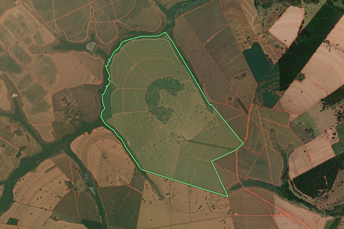 Imagem de satélite do imóvel rural em Mirassolândia (SP), com o contorno declarado no CAR desenhado por cima.