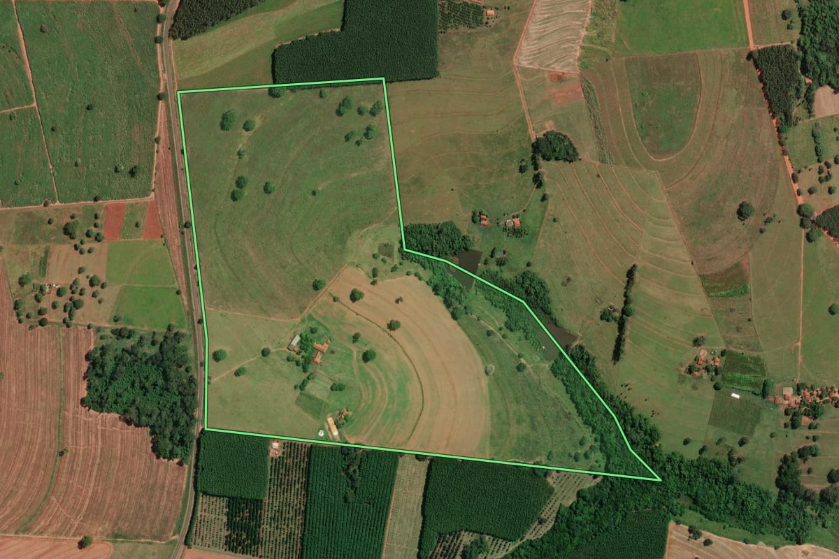 Imagem de satélite do imóvel rural em Mirassolândia (SP), com o contorno declarado no CAR desenhado por cima.