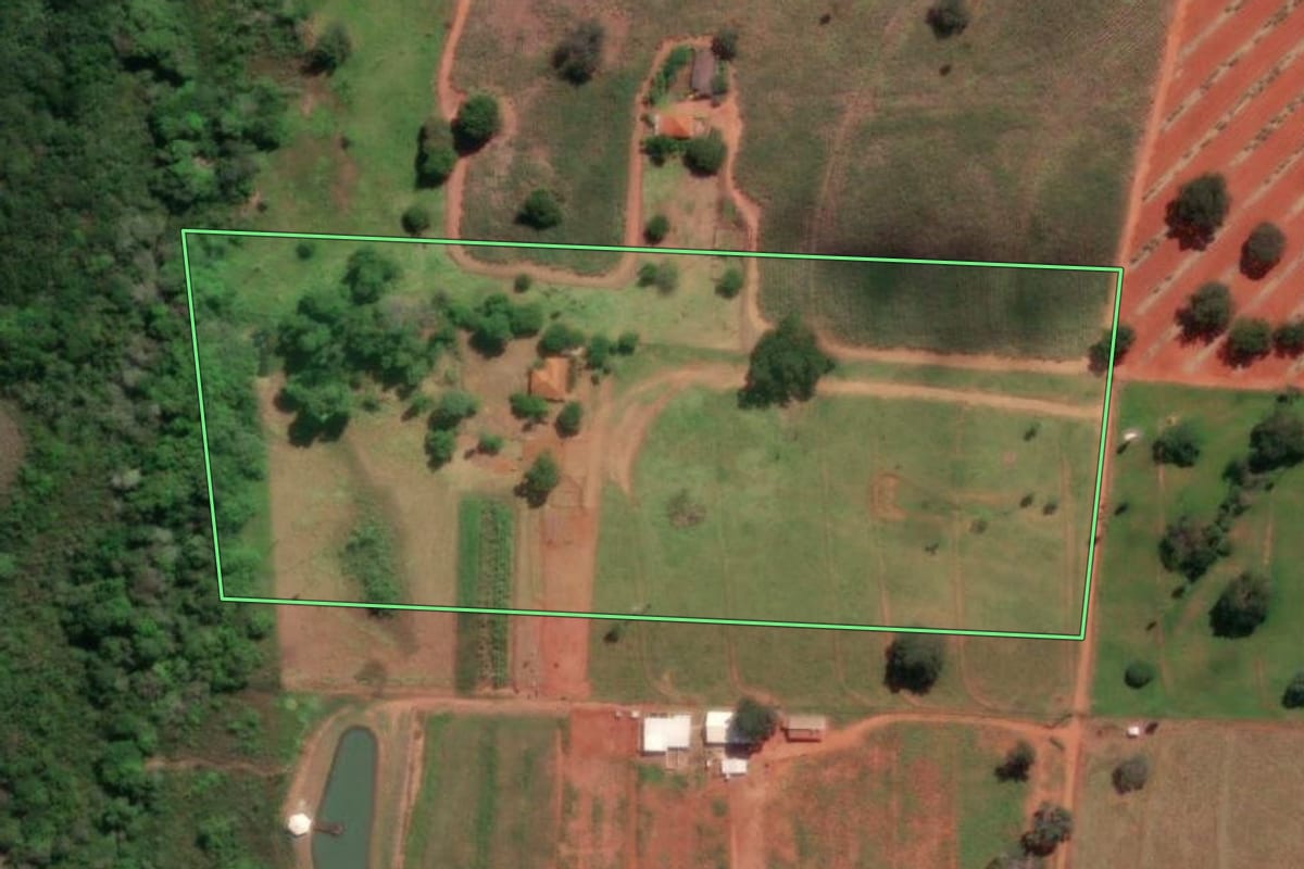 Imagem de satélite do imóvel rural em Mirassolândia (SP), com o contorno declarado no CAR desenhado por cima.