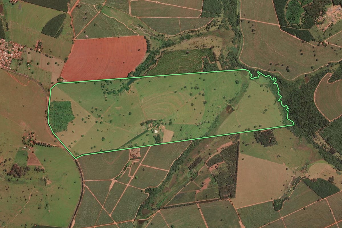 Imagem de satélite do imóvel rural em Mirassolândia (SP), com o contorno declarado no CAR desenhado por cima.