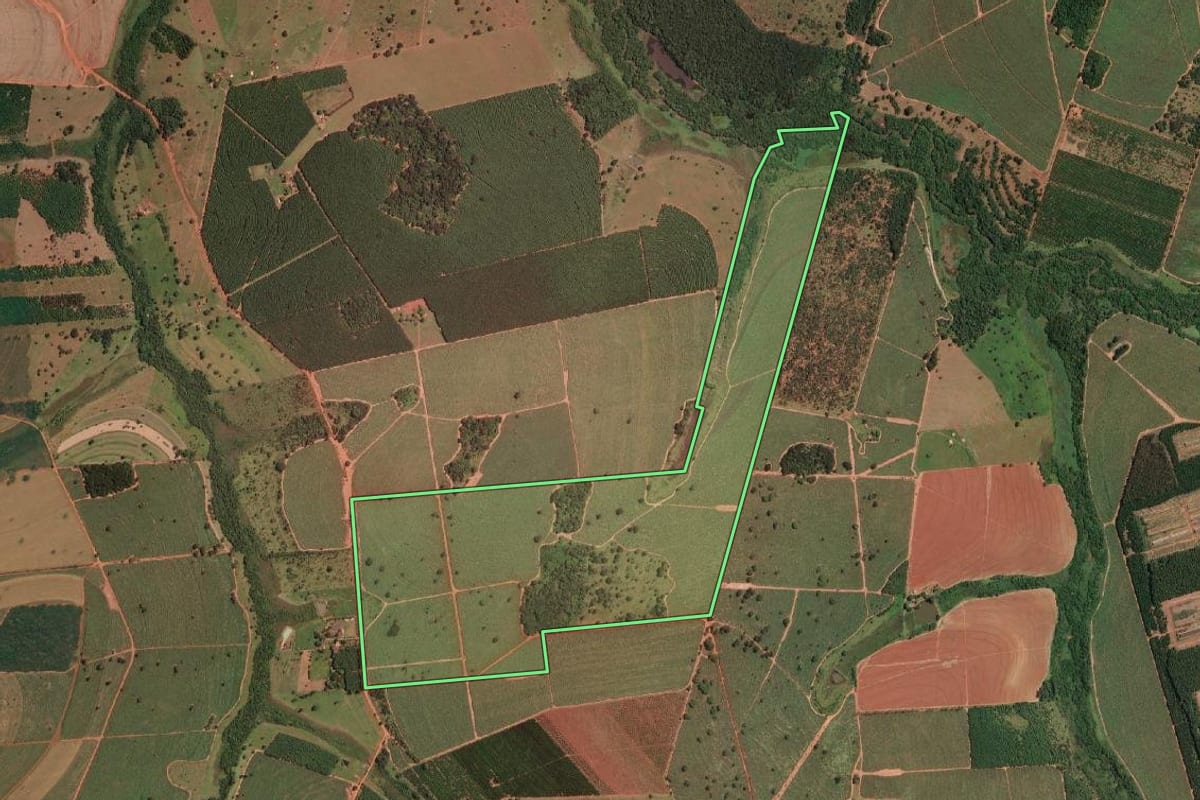 Imagem de satélite do imóvel rural em Mirassolândia (SP), com o contorno declarado no CAR desenhado por cima.