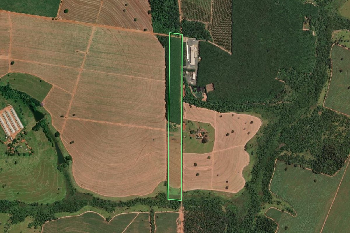 Imagem de satélite do imóvel rural em Mirassolândia (SP), com o contorno declarado no CAR desenhado por cima.