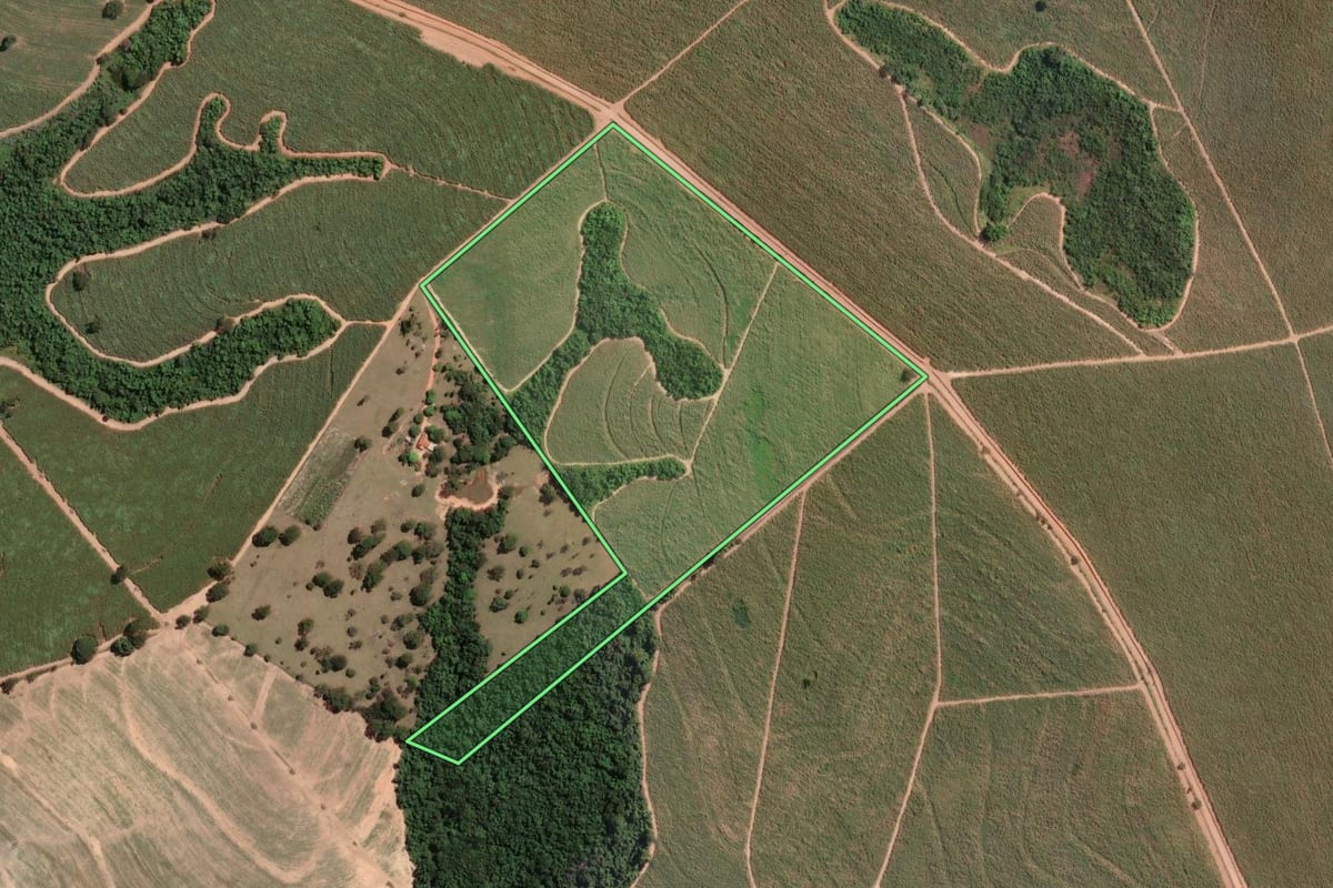 Imagem de satélite do imóvel rural em Mococa (SP), com o contorno declarado no CAR desenhado por cima.