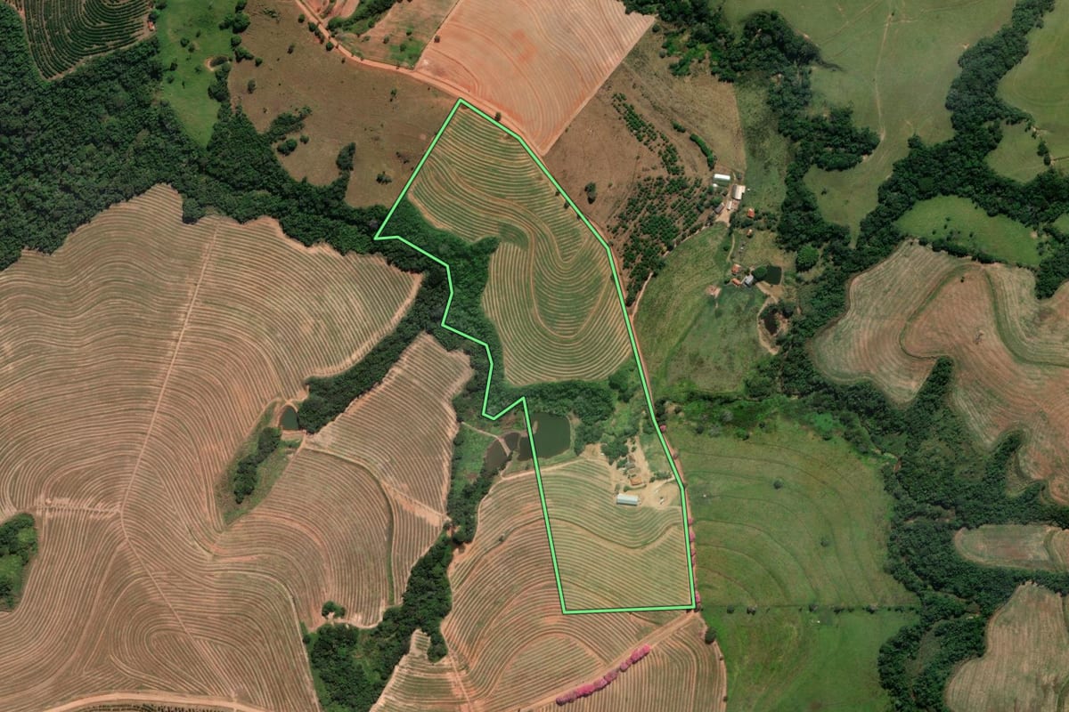 Imagem de satélite do imóvel rural em Mococa (SP), com o contorno declarado no CAR desenhado por cima.