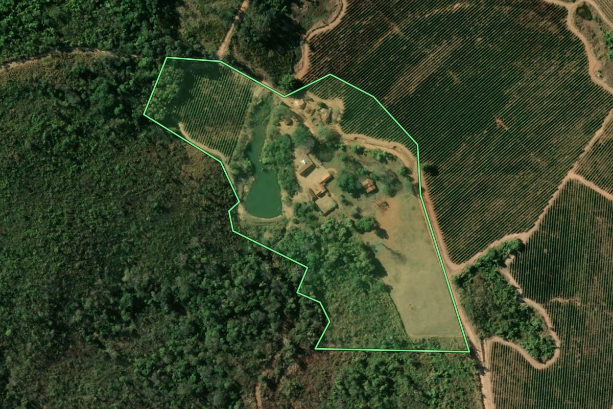 Imagem de satélite do imóvel rural em Mococa (SP), com o contorno declarado no CAR desenhado por cima.