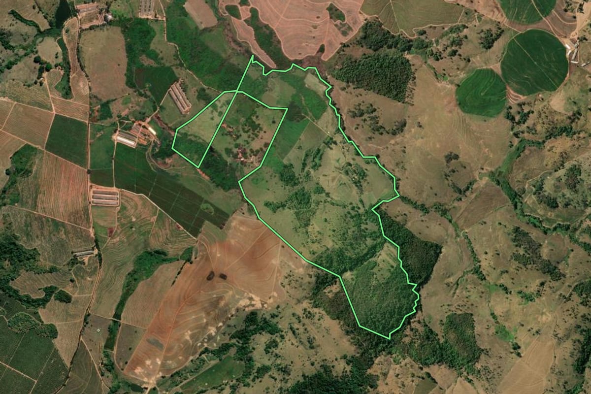 Imagem de satélite do imóvel rural em Mococa (SP), com o contorno declarado no CAR desenhado por cima.