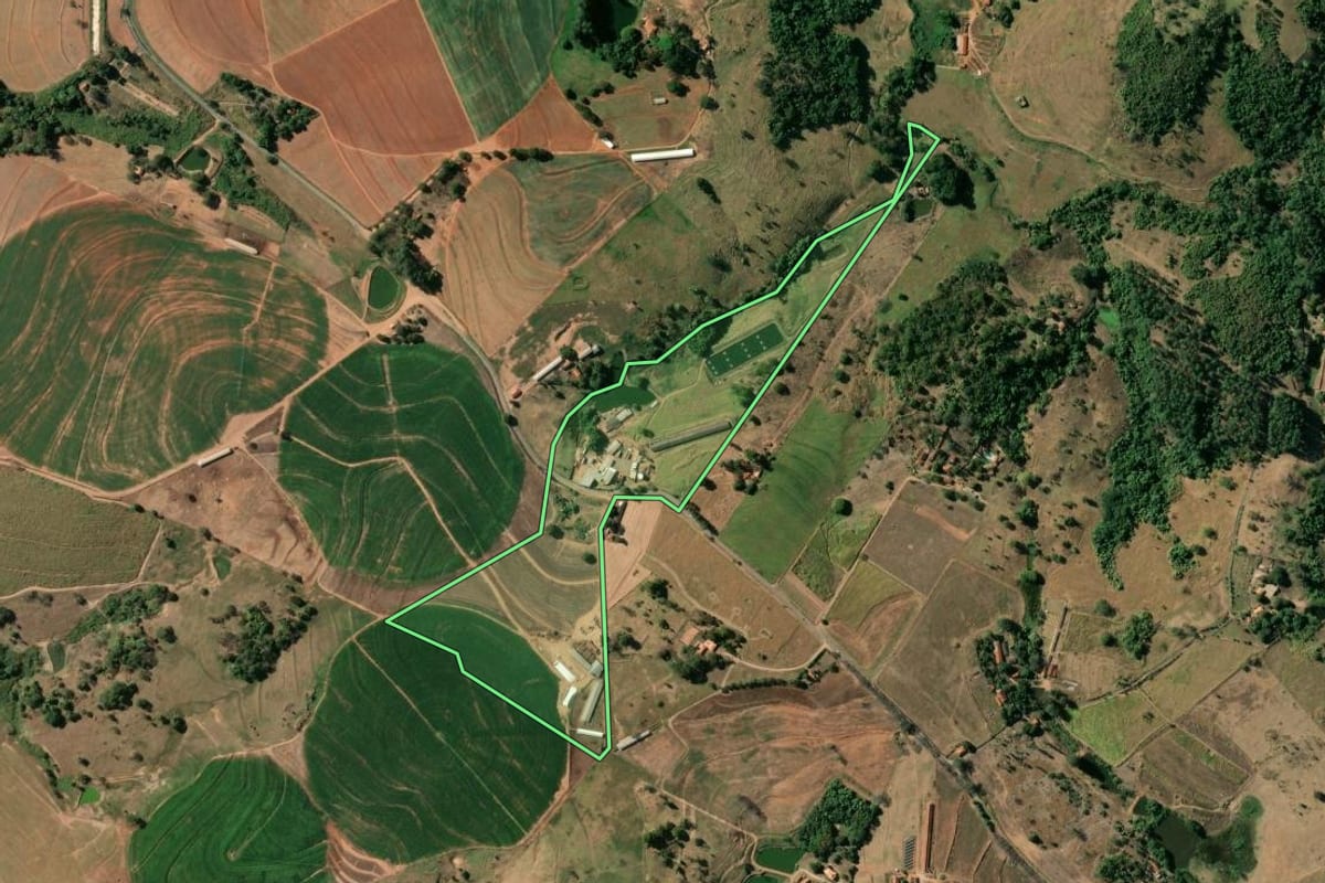 Imagem de satélite do imóvel rural em Mococa (SP), com o contorno declarado no CAR desenhado por cima.