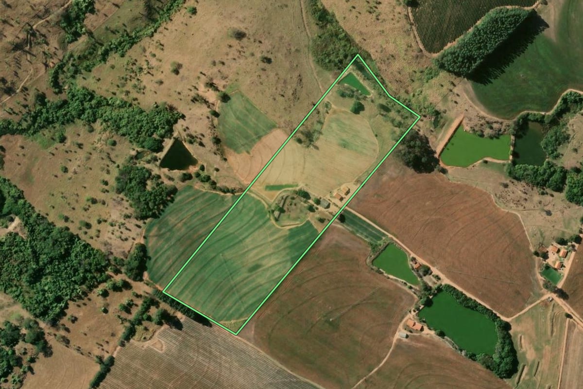 Imagem de satélite do imóvel rural em Mococa (SP), com o contorno declarado no CAR desenhado por cima.