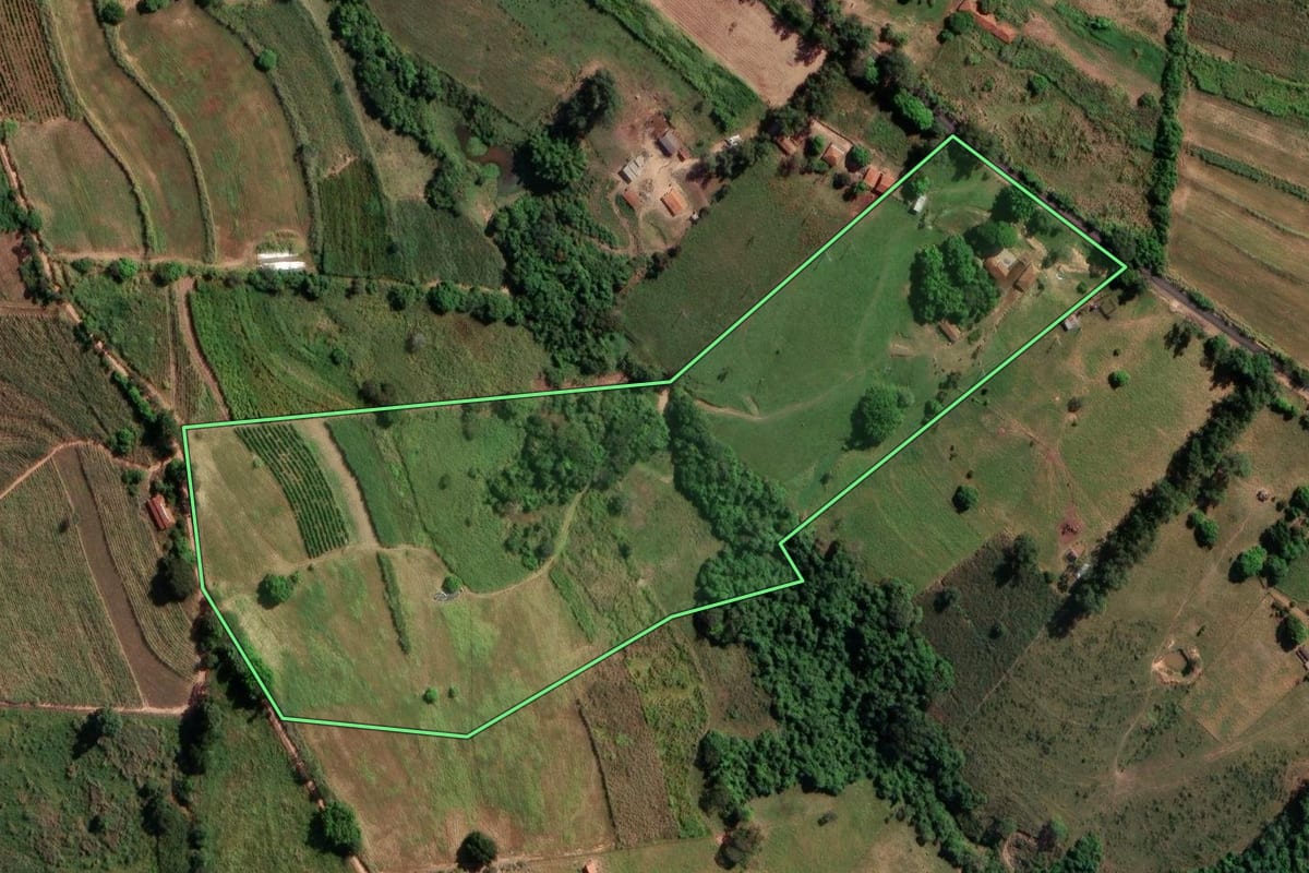 Imagem de satélite do imóvel rural em Mococa (SP), com o contorno declarado no CAR desenhado por cima.