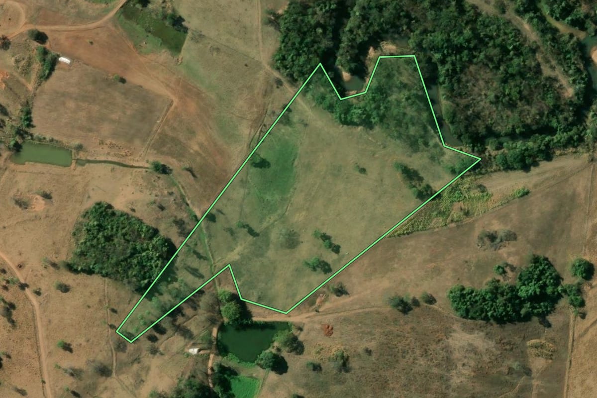 Imagem de satélite do imóvel rural em Mococa (SP), com o contorno declarado no CAR desenhado por cima.