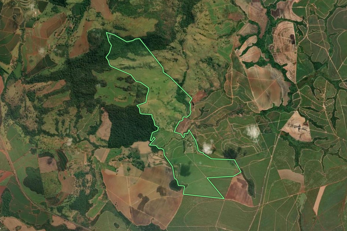 Imagem de satélite do imóvel rural em Mococa (SP), com o contorno declarado no CAR desenhado por cima.