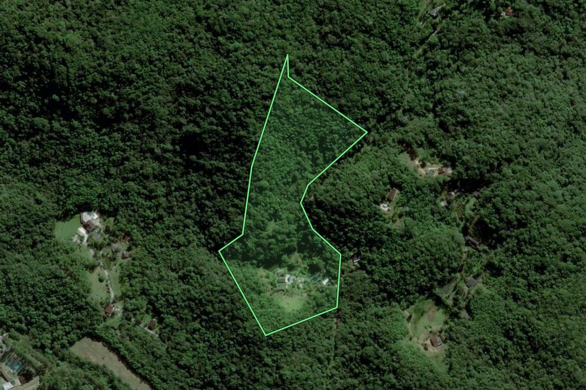 Imagem de satélite do imóvel rural em Mogi das Cruzes (SP), com o contorno declarado no CAR desenhado por cima.