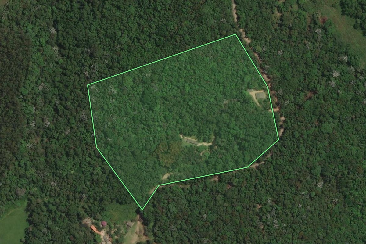 Imagem de satélite do imóvel rural em Mogi das Cruzes (SP), com o contorno declarado no CAR desenhado por cima.
