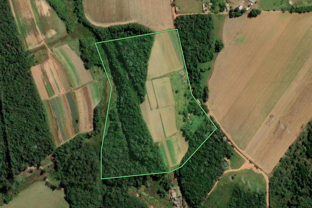 Imagem de satélite do imóvel rural em Mogi das Cruzes (SP), com o contorno declarado no CAR desenhado por cima.