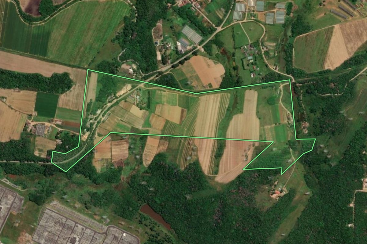 Imagem de satélite do imóvel rural em Mogi das Cruzes (SP), com o contorno declarado no CAR desenhado por cima.