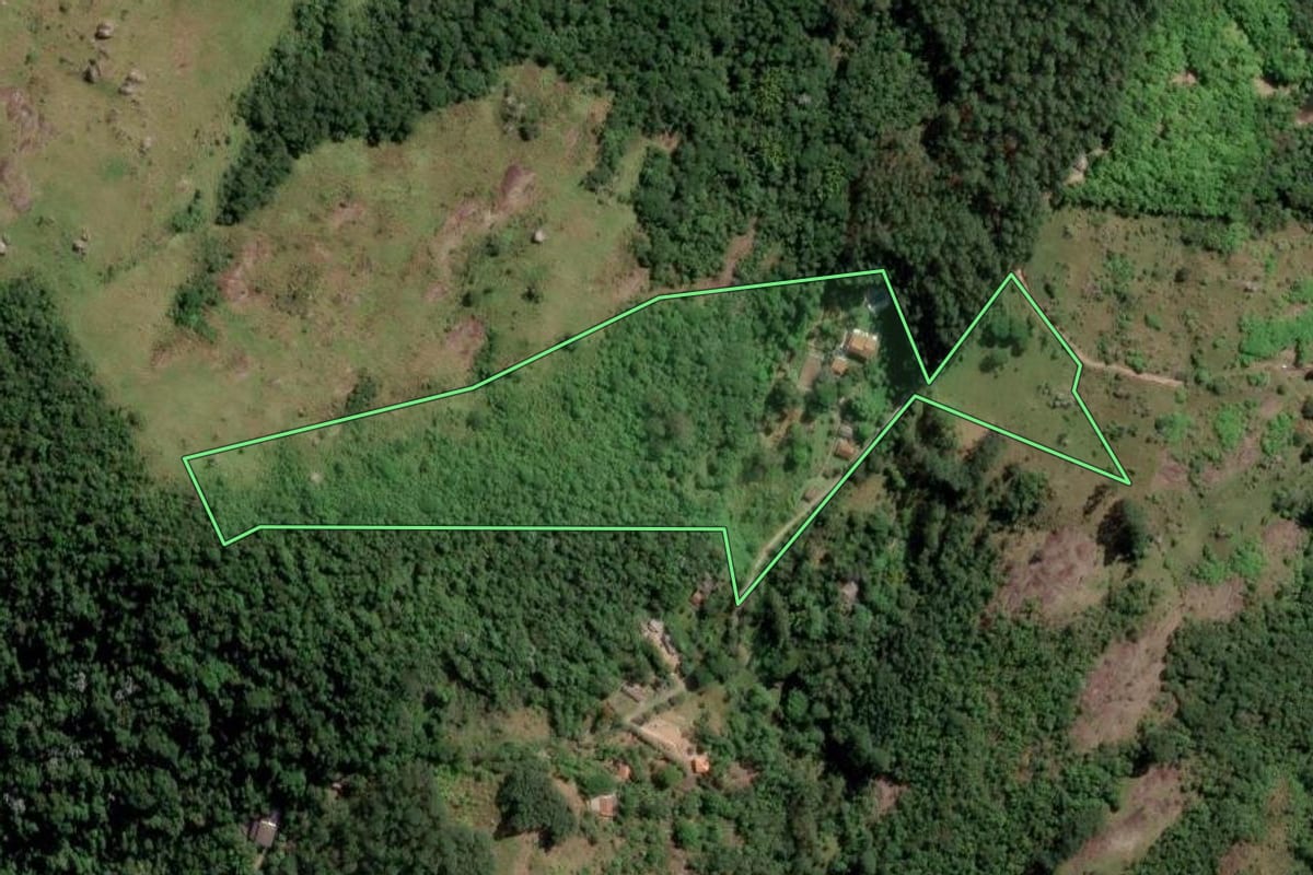 Imagem de satélite do imóvel rural em Mogi das Cruzes (SP), com o contorno declarado no CAR desenhado por cima.