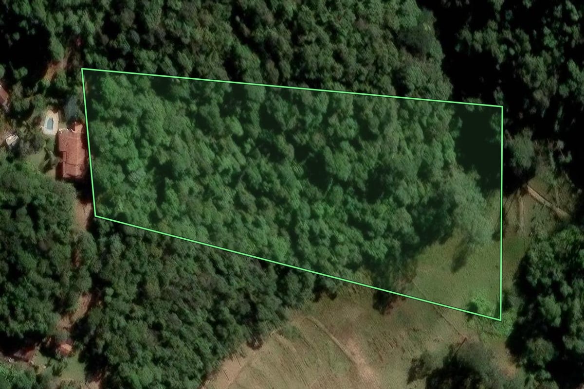 Imagem de satélite do imóvel rural em Mogi das Cruzes (SP), com o contorno declarado no CAR desenhado por cima.