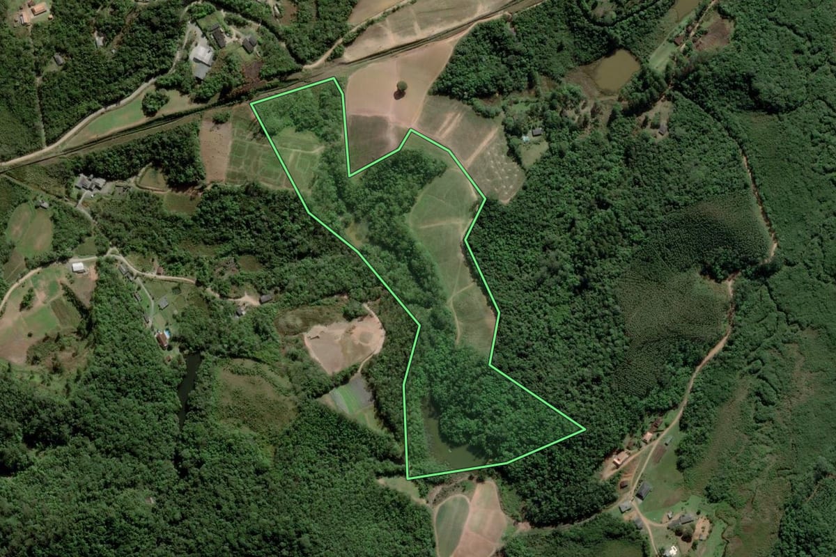 Imagem de satélite do imóvel rural em Mogi das Cruzes (SP), com o contorno declarado no CAR desenhado por cima.