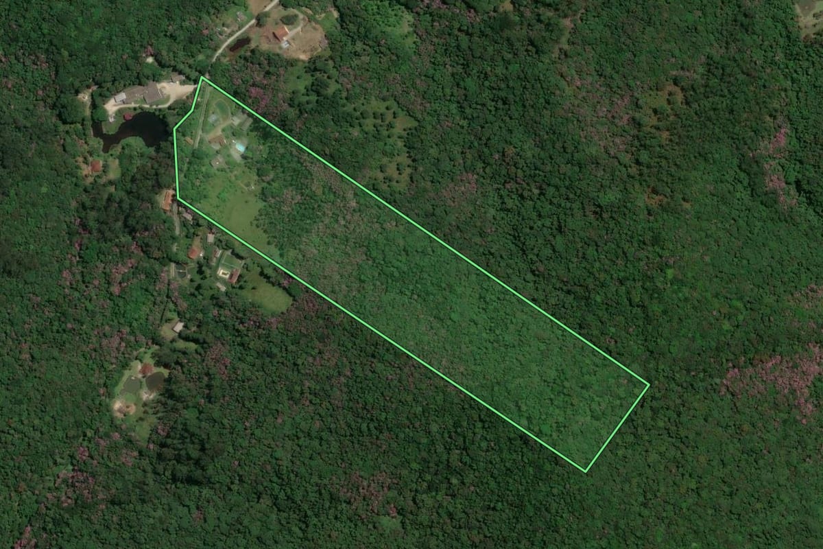 Imagem de satélite do imóvel rural em Mogi das Cruzes (SP), com o contorno declarado no CAR desenhado por cima.